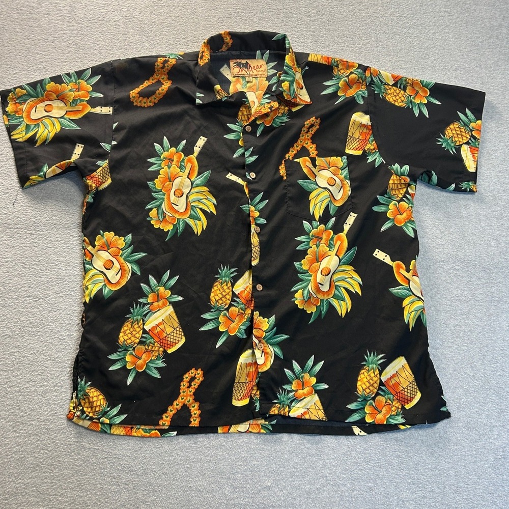 InGear Fashions Hawaiian Aloha Shirt Mens XL Black Tropical Pineapple Ukulele